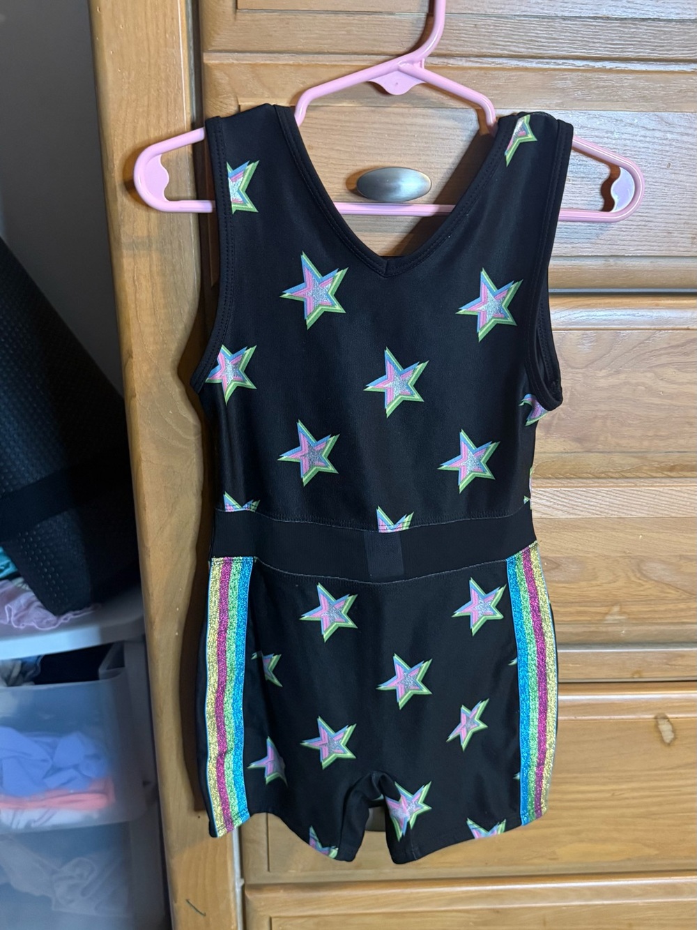 More Than Magic Black Leotard with Pastel Rainbow Star Accents